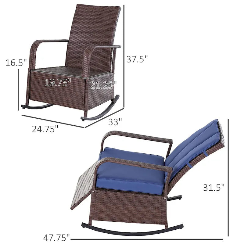 Fauteuil à bascule en osier, transat de patio avec dossier réglable, chaise longue avec repose-pieds et coussins réglables