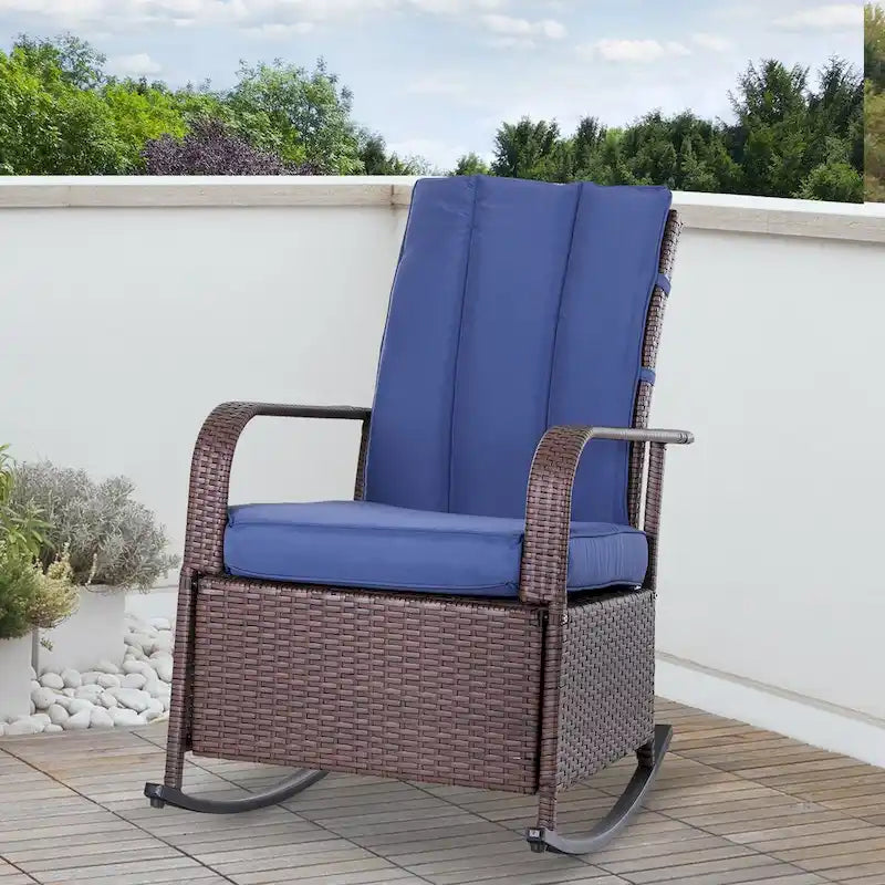 Fauteuil à bascule en osier, transat de patio avec dossier réglable, chaise longue avec repose-pieds et coussins réglables