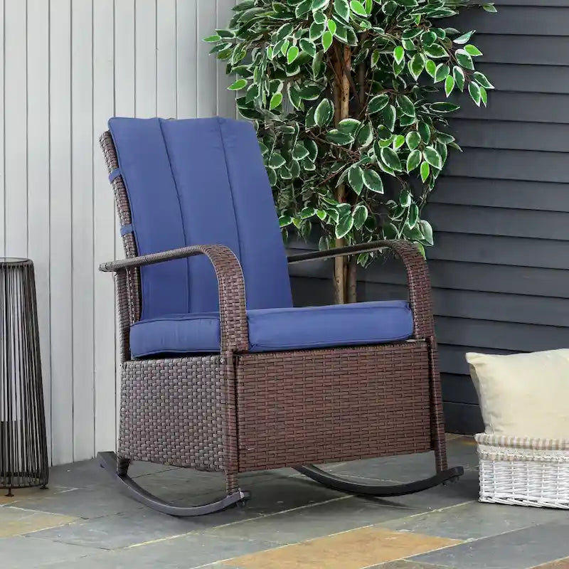 Fauteuil à bascule en osier, transat de patio avec dossier réglable, chaise longue avec repose-pieds et coussins réglables