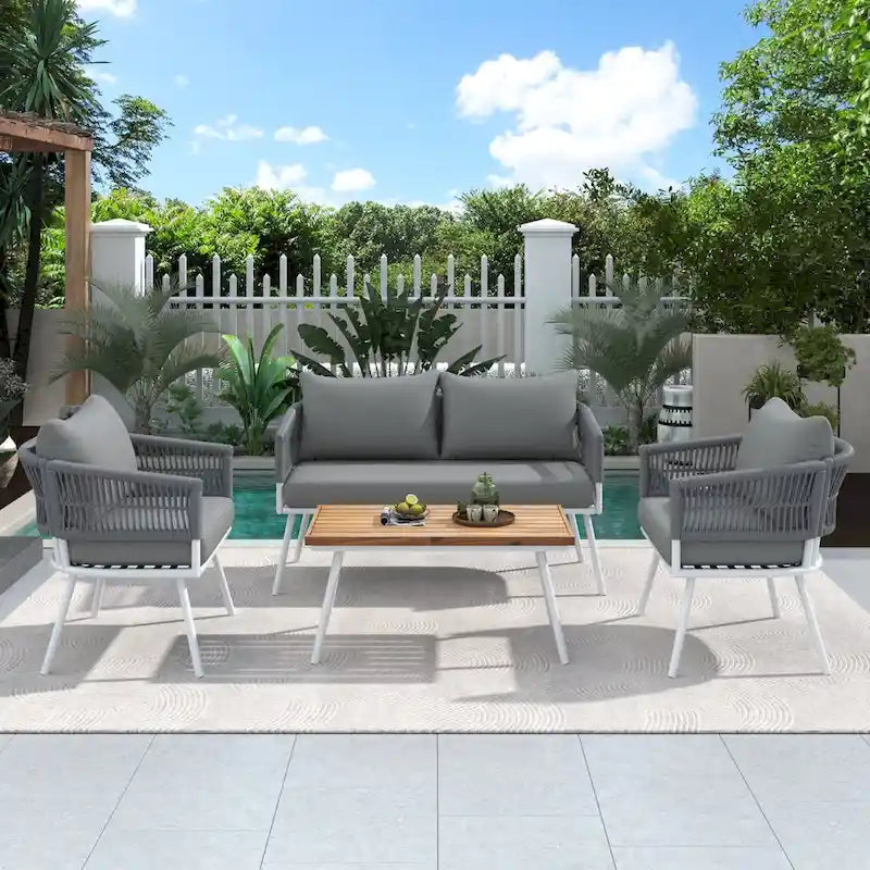 4-Piece Boho Rope Patio Furniture Set, Outdoor Furniture with Acacia Wood Table, Patio Conversation Set