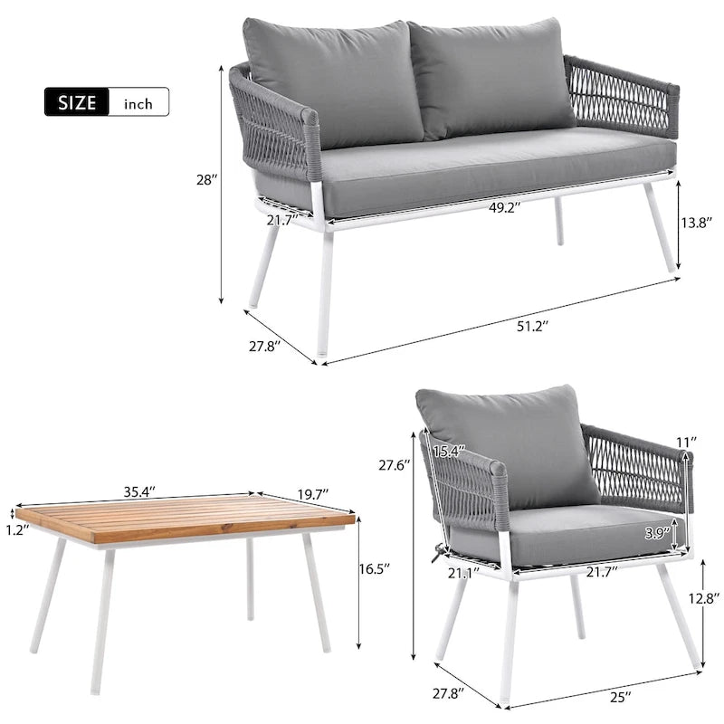 Ensemble de mobilier de patio bohème 4 pièces en corde, mobilier d'extérieur avec table en bois d'acacia, ensemble de conversation pour patio