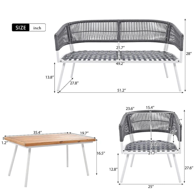 Ensemble de mobilier de patio bohème 4 pièces en corde, mobilier d'extérieur avec table en bois d'acacia, ensemble de conversation pour patio