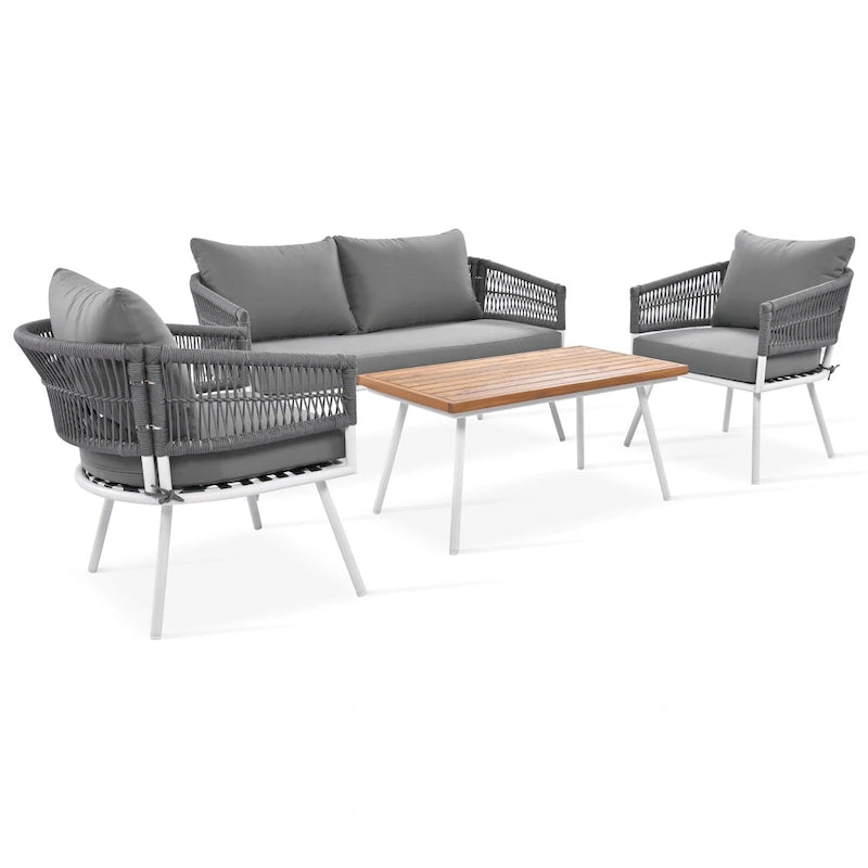 Ensemble de mobilier de patio bohème 4 pièces en corde, mobilier d'extérieur avec table en bois d'acacia, ensemble de conversation pour patio