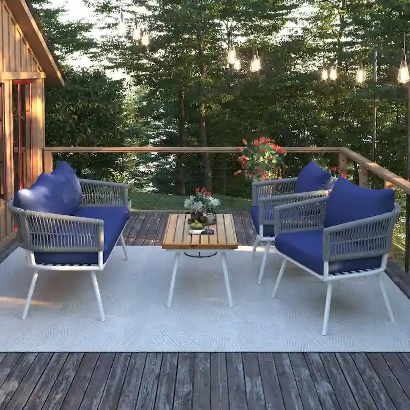 Ensemble de mobilier de patio bohème 4 pièces en corde, mobilier d'extérieur avec table en bois d'acacia, ensemble de conversation pour patio