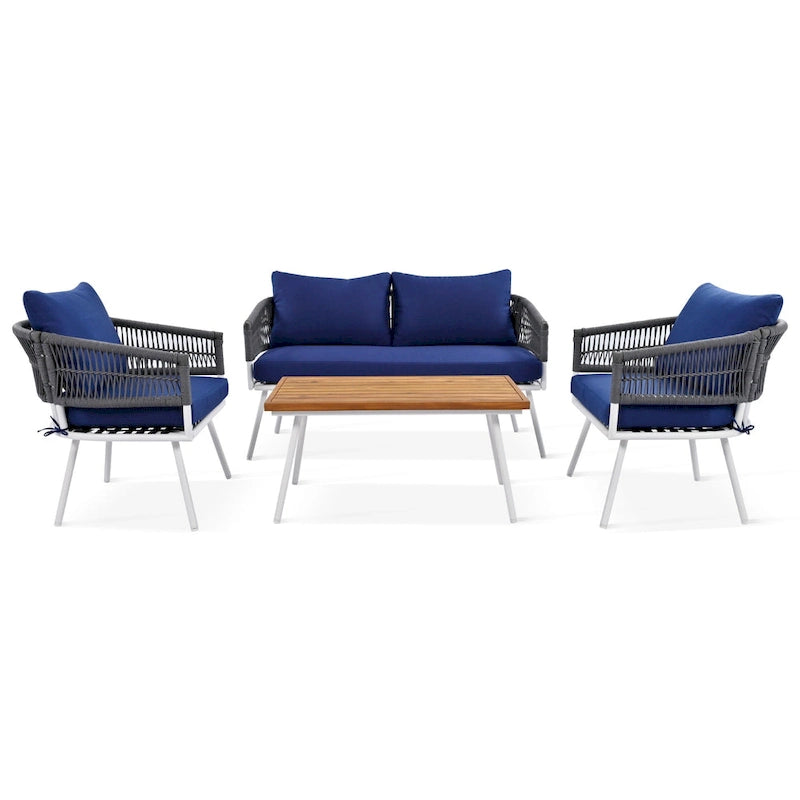 Ensemble de mobilier de patio bohème 4 pièces en corde, mobilier d'extérieur avec table en bois d'acacia, ensemble de conversation pour patio
