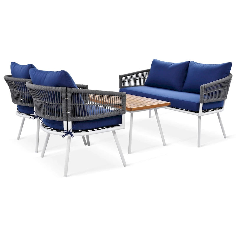 Ensemble de mobilier de patio bohème 4 pièces en corde, mobilier d'extérieur avec table en bois d'acacia, ensemble de conversation pour patio