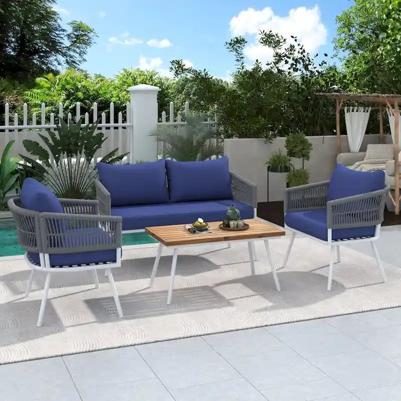 Ensemble de mobilier de patio bohème 4 pièces en corde, mobilier d'extérieur avec table en bois d'acacia, ensemble de conversation pour patio