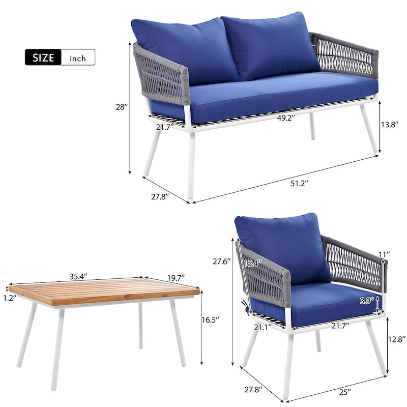Ensemble de mobilier de patio bohème 4 pièces en corde, mobilier d'extérieur avec table en bois d'acacia, ensemble de conversation pour patio
