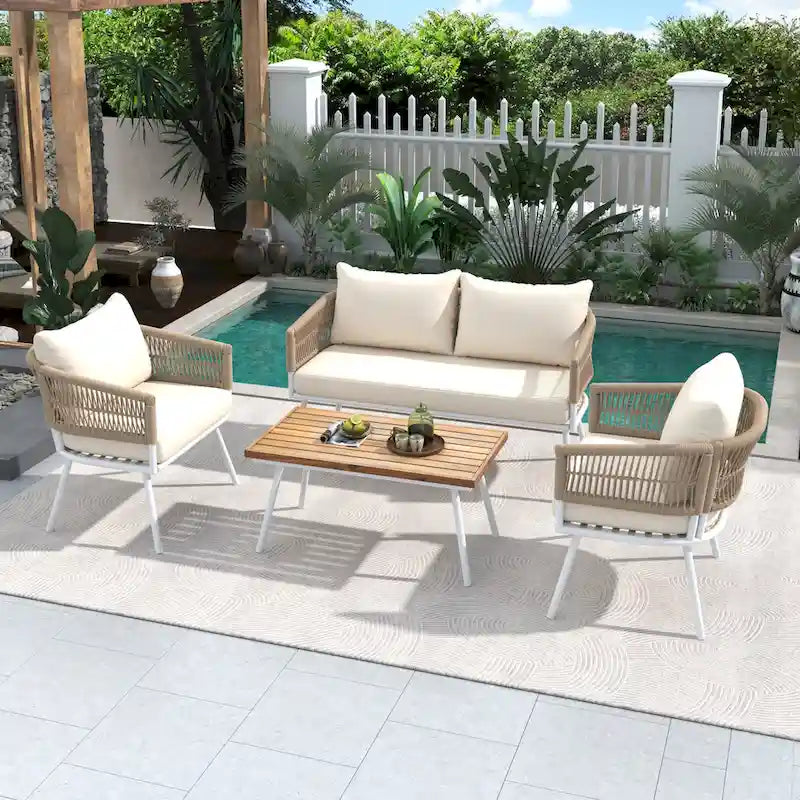 Ensemble de mobilier de patio bohème 4 pièces en corde, mobilier d'extérieur avec table en bois d'acacia, ensemble de conversation pour patio