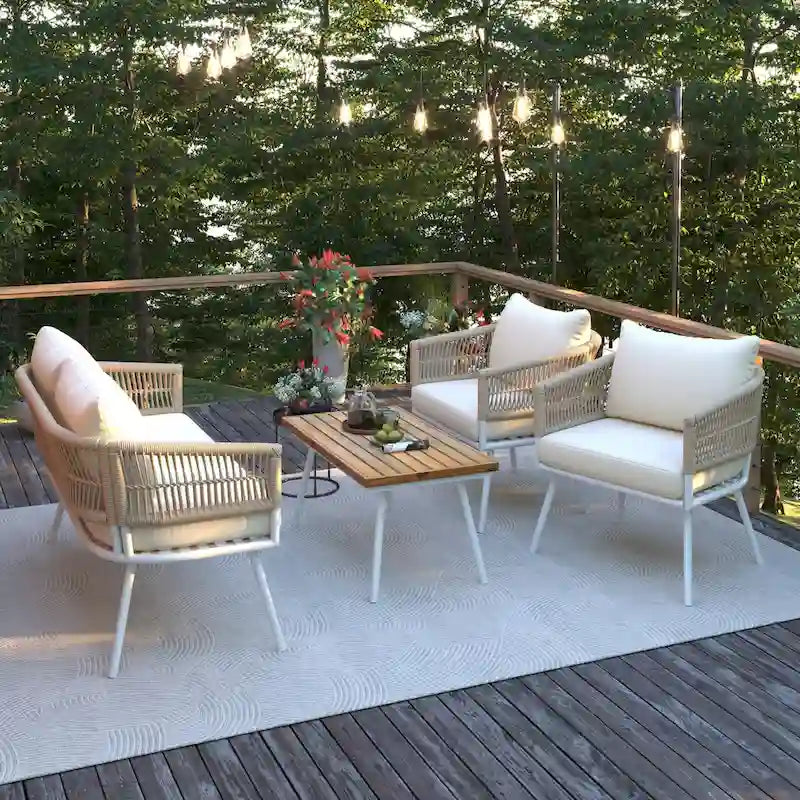 Ensemble de mobilier de patio bohème 4 pièces en corde, mobilier d'extérieur avec table en bois d'acacia, ensemble de conversation pour patio