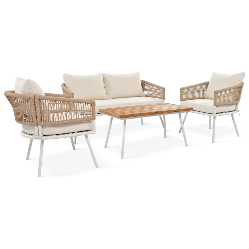 Ensemble de mobilier de patio bohème 4 pièces en corde, mobilier d'extérieur avec table en bois d'acacia, ensemble de conversation pour patio