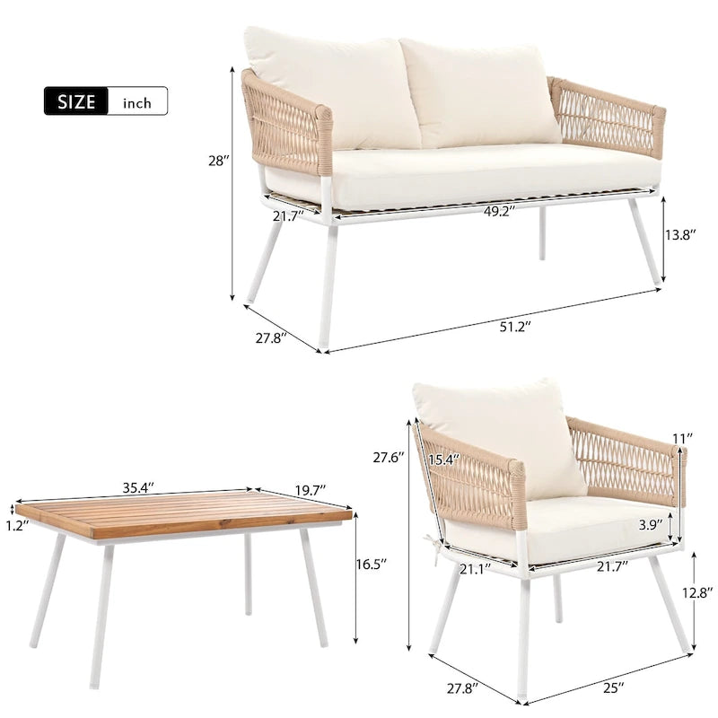 Ensemble de mobilier de patio bohème 4 pièces en corde, mobilier d'extérieur avec table en bois d'acacia, ensemble de conversation pour patio