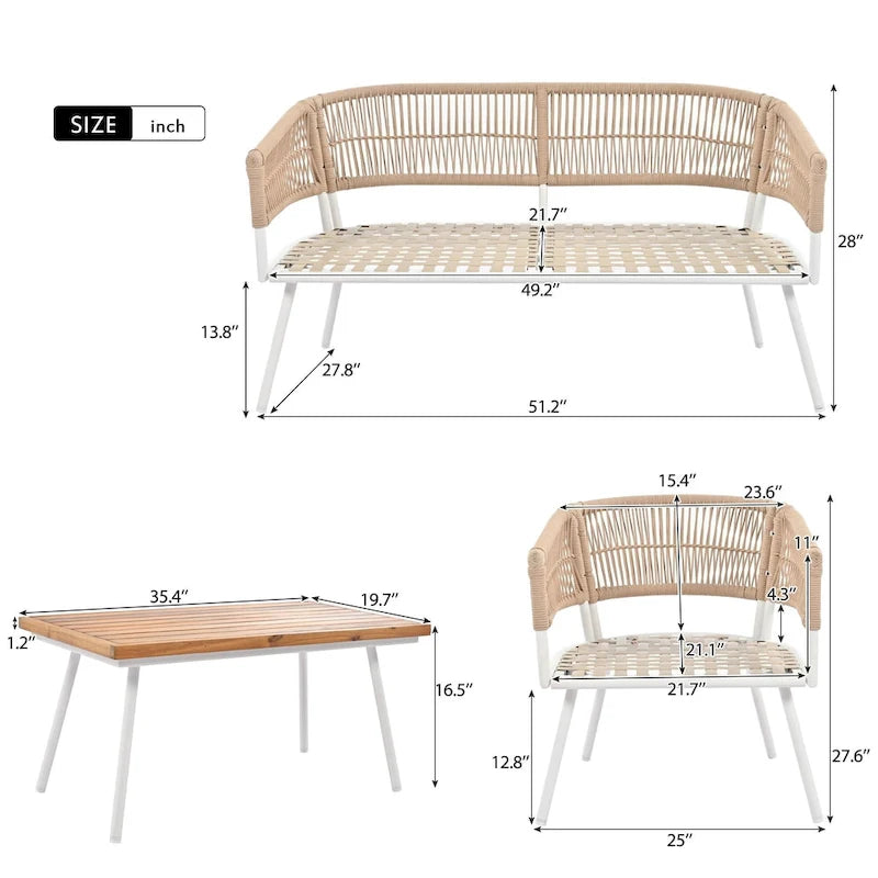 Ensemble de mobilier de patio bohème 4 pièces en corde, mobilier d'extérieur avec table en bois d'acacia, ensemble de conversation pour patio