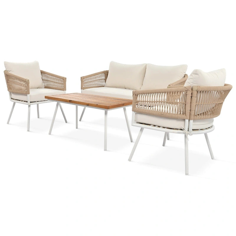 Ensemble de mobilier de patio bohème 4 pièces en corde, mobilier d'extérieur avec table en bois d'acacia, ensemble de conversation pour patio