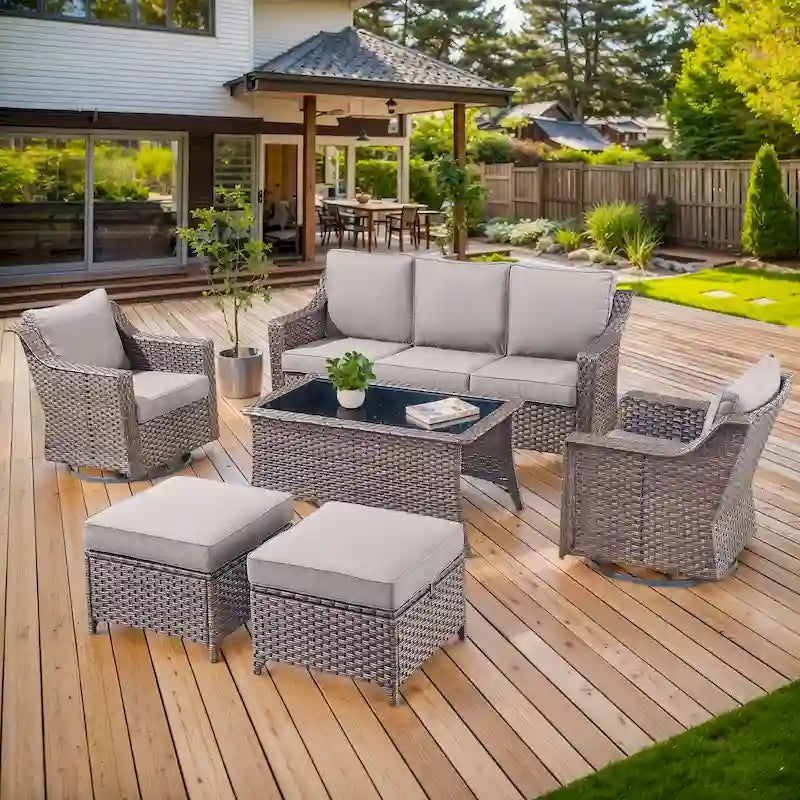 Fauteuils pivotants avec pouf, table basse - Marron
