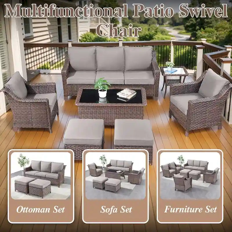 Fauteuils pivotants avec pouf, table basse - Marron