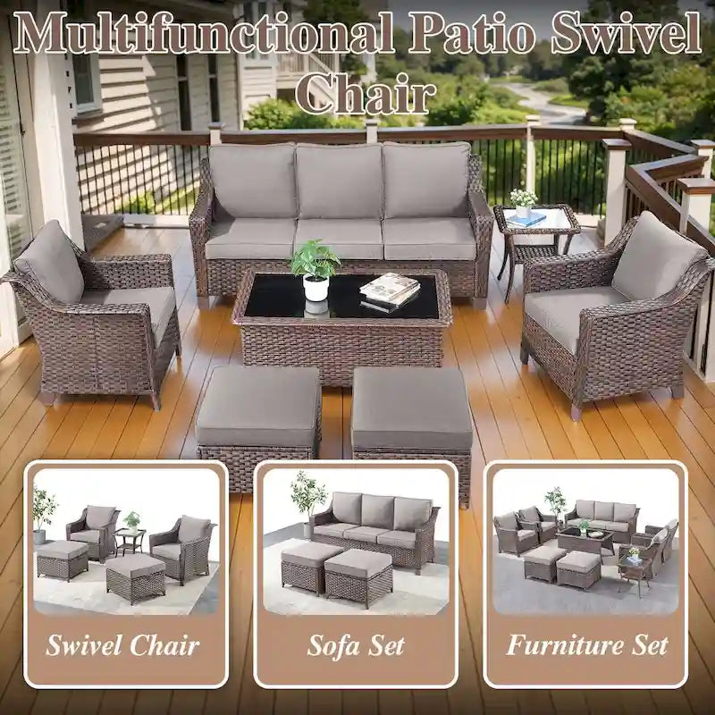 Fauteuils pivotants avec pouf, table basse - Marron