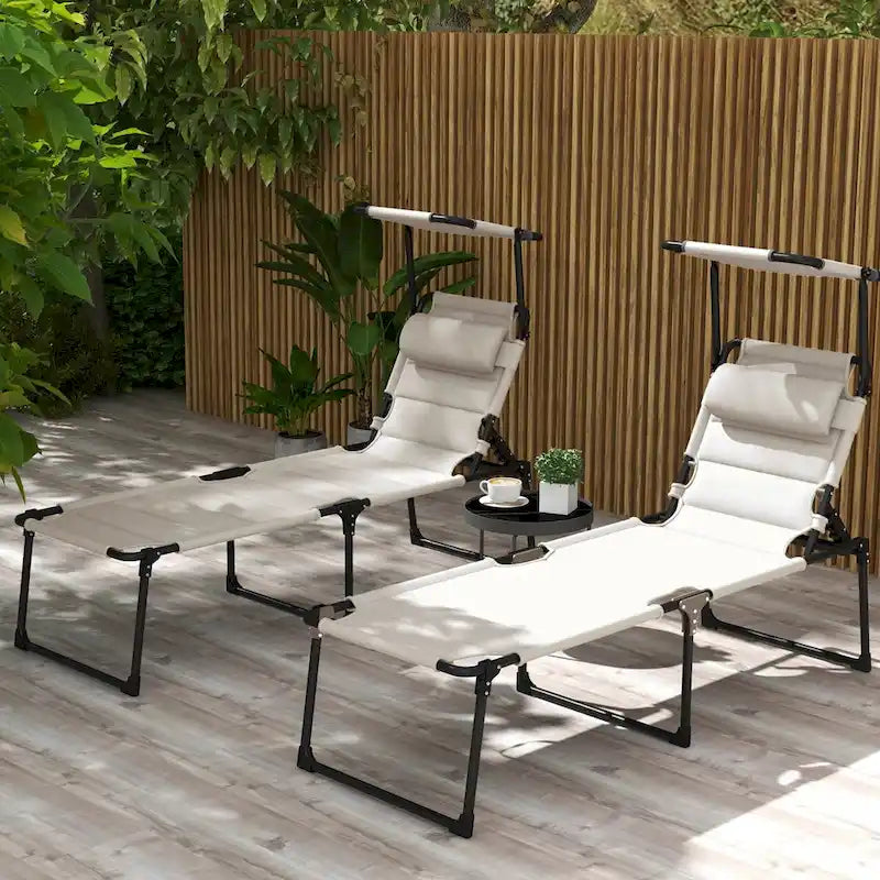 2-piece Outdoor Adjustable Backrest Folding Chaise Lounge Chair with Cushioned , Sunshade Roof & Pillow Headrest