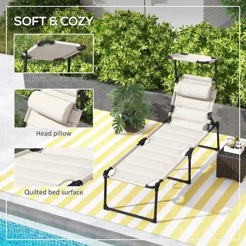 Chaise longue pliante d'extérieur 2 pièces avec dossier réglable, coussins, pare-soleil et appuie-tête