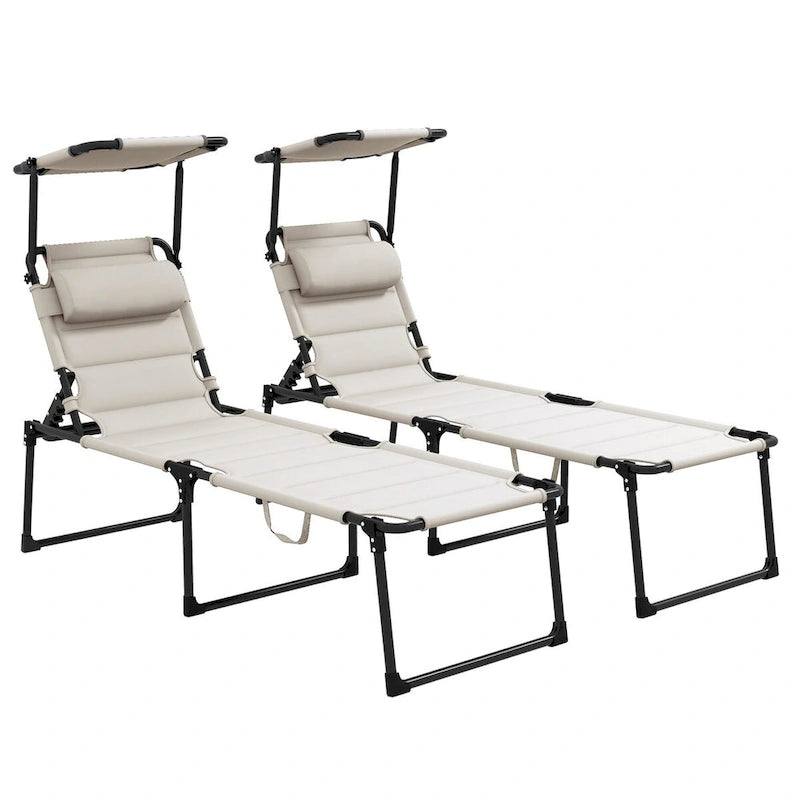 Chaise longue pliante d'extérieur 2 pièces avec dossier réglable, coussins, pare-soleil et appuie-tête