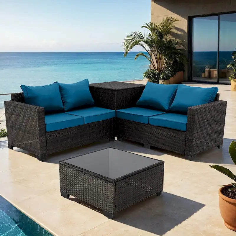 4-Piece Hand-Woven PE Wicker Outdoor Patio Sectional Sofa Set with Cushions and Storage Box