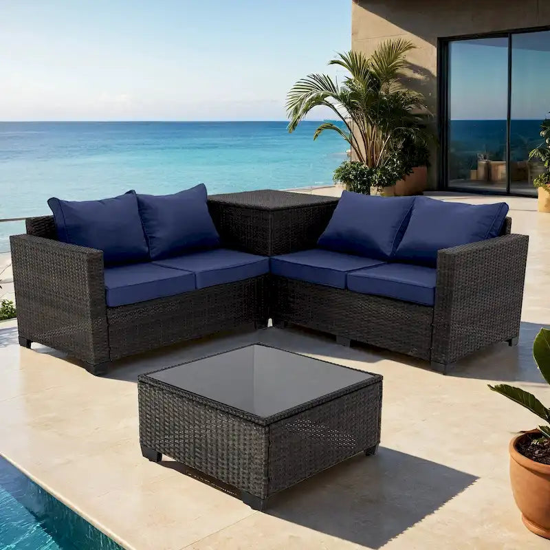4-Piece Hand-Woven PE Wicker Outdoor Patio Sectional Sofa Set with Cushions and Storage Box