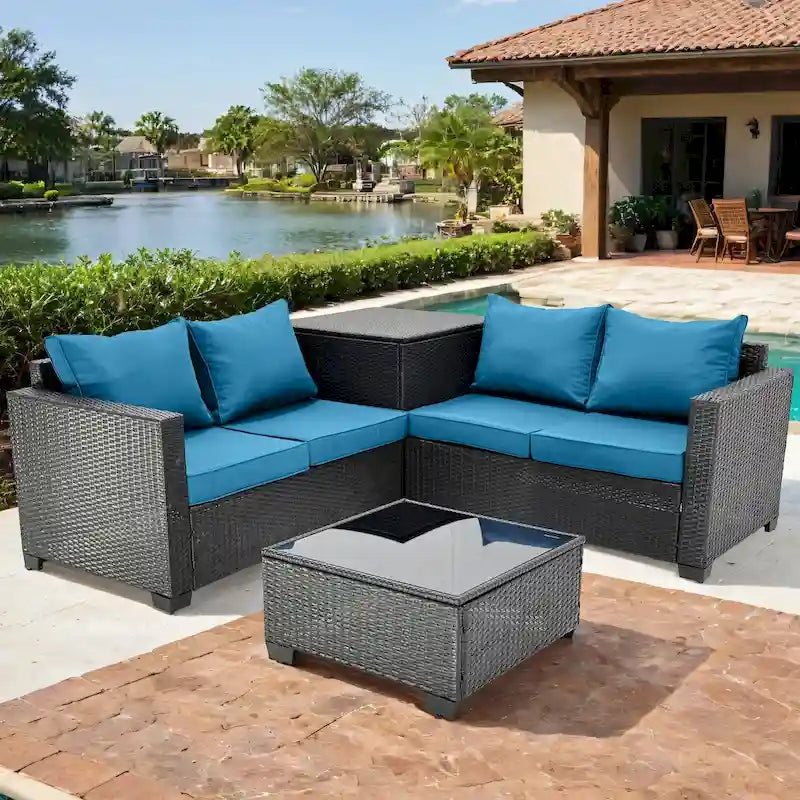 4-Piece Hand-Woven PE Wicker Outdoor Patio Sectional Sofa Set with Cushions and Storage Box