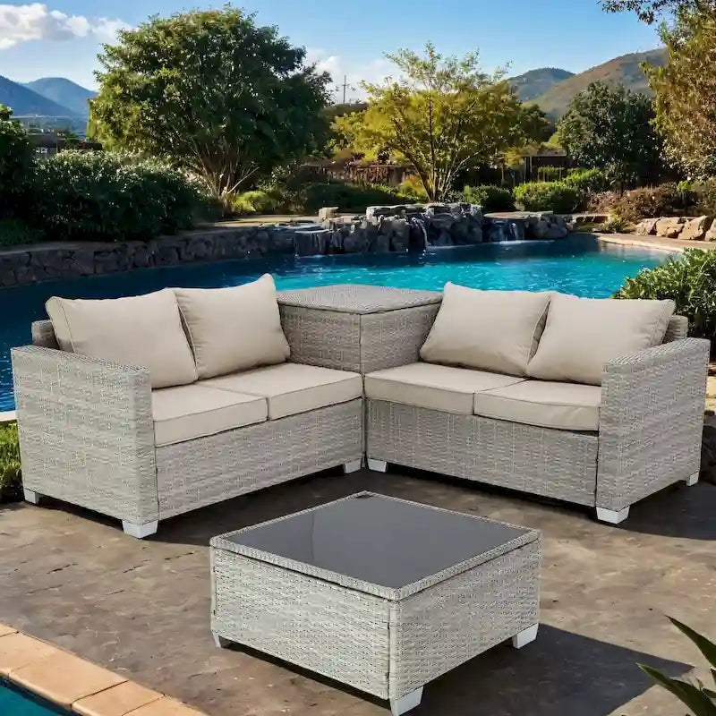 4-Piece Hand-Woven PE Wicker Outdoor Patio Sectional Sofa Set with Cushions and Storage Box