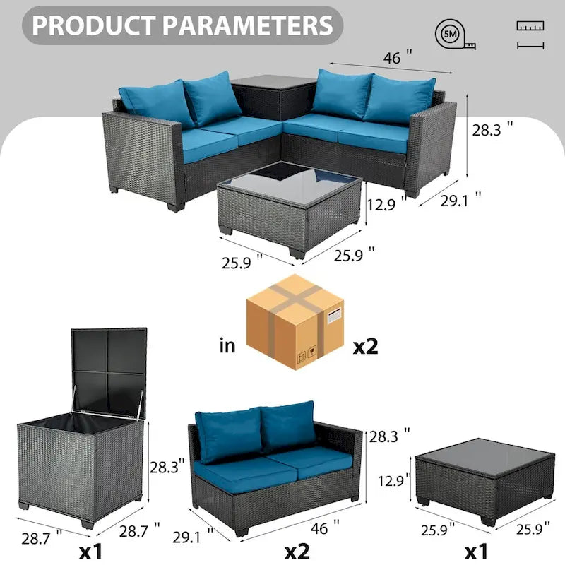 Ensemble de canapé d'angle d'extérieur 4 pièces en rotin synthétique tressé à la main avec coussins et coffre de rangement