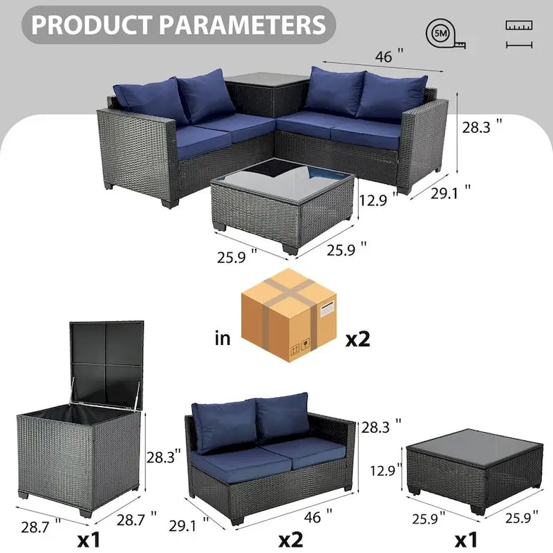 Ensemble de canapé d'angle d'extérieur 4 pièces en rotin synthétique tressé à la main avec coussins et coffre de rangement