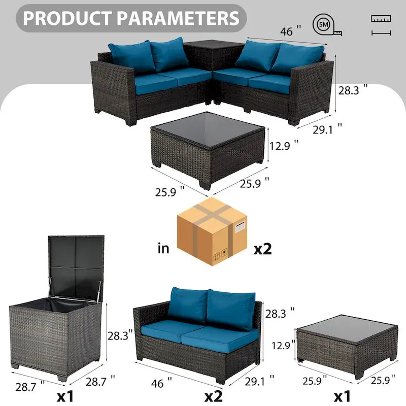 Ensemble de canapé d'angle d'extérieur 4 pièces en rotin synthétique tressé à la main avec coussins et coffre de rangement