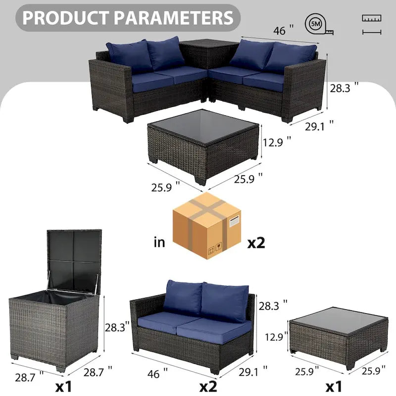 Ensemble de canapé d'angle d'extérieur 4 pièces en rotin synthétique tressé à la main avec coussins et coffre de rangement