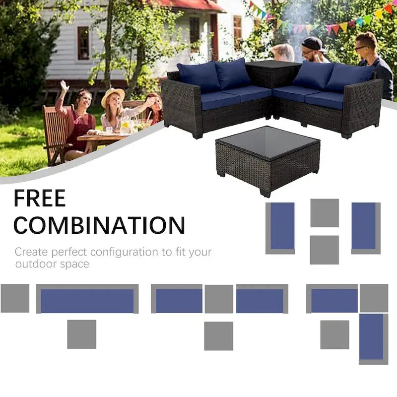 Ensemble de canapé d'angle d'extérieur 4 pièces en rotin synthétique tressé à la main avec coussins et coffre de rangement