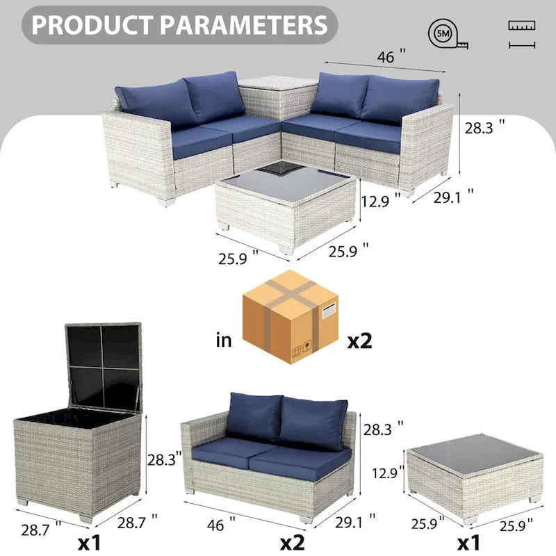 Ensemble de canapé d'angle d'extérieur 4 pièces en rotin synthétique tressé à la main avec coussins et coffre de rangement