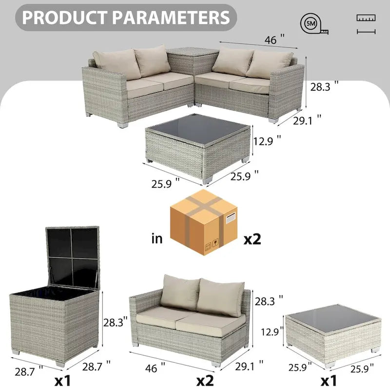 Ensemble de canapé d'angle d'extérieur 4 pièces en rotin synthétique tressé à la main avec coussins et coffre de rangement