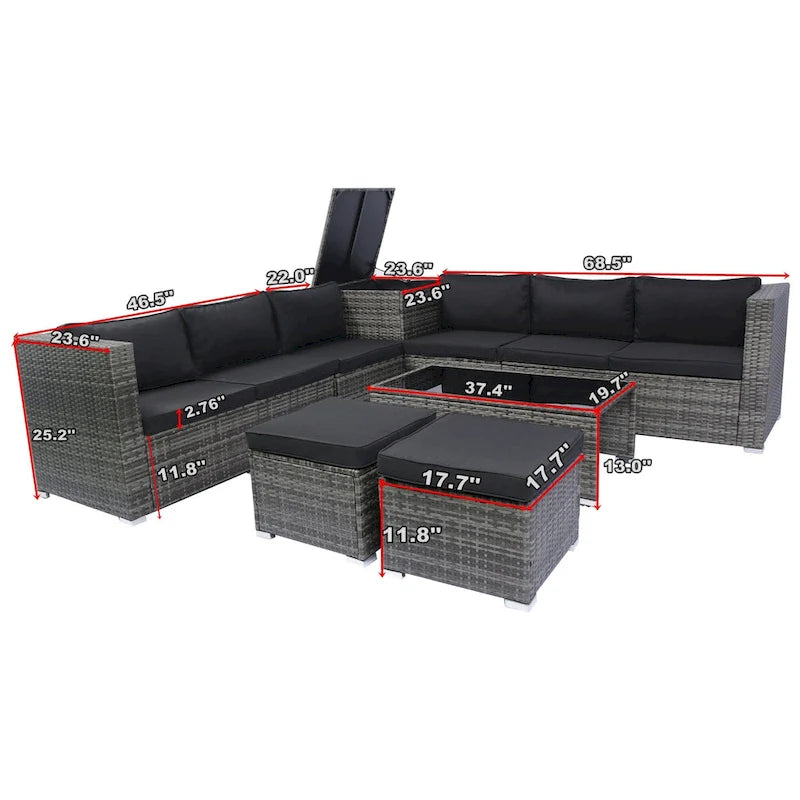 Ensemble de canapé d'angle en rotin de 8 pièces pour terrasse