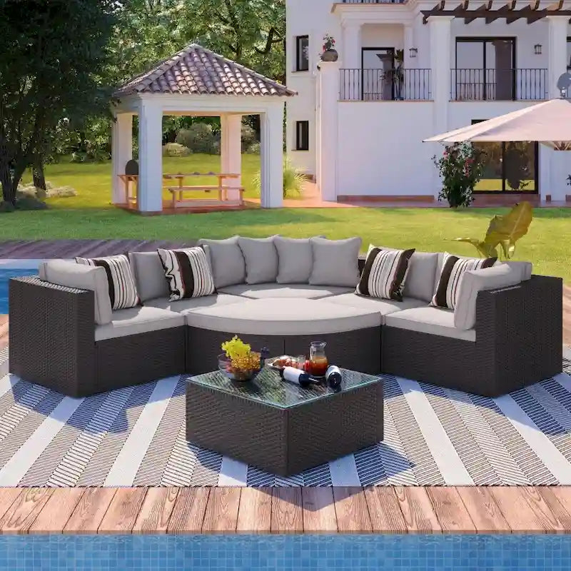 7-Piece Outdoor Wicker Sofa Set, Rattan Sofa Lounger, with Colorful Pillows, Conversation Sofa