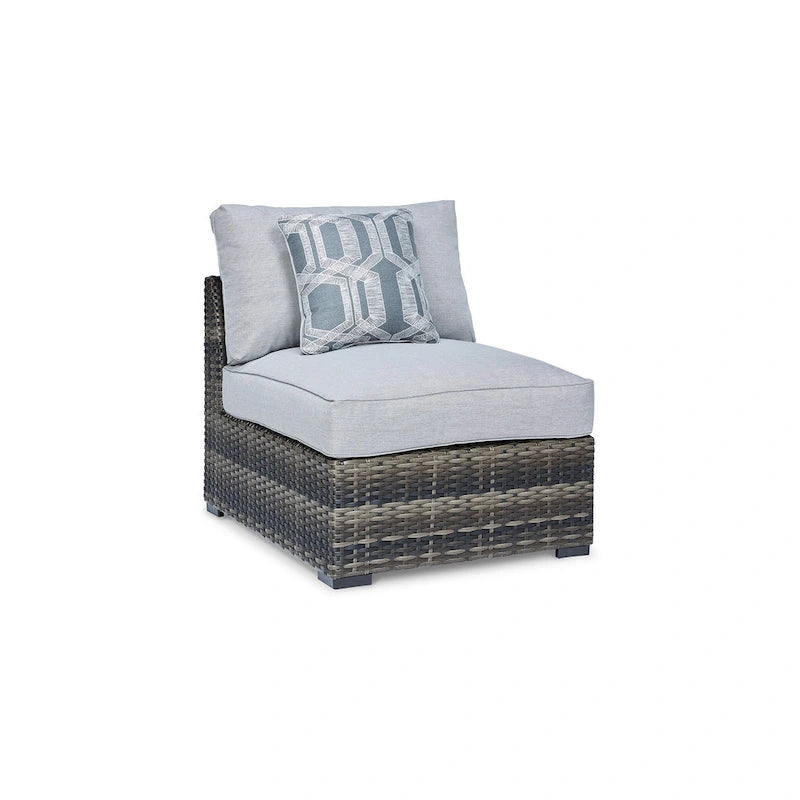Saki Ensemble de 2 fauteuils d'extérieur sans accoudoirs de 89 cm avec 2 coussins, en osier, gris