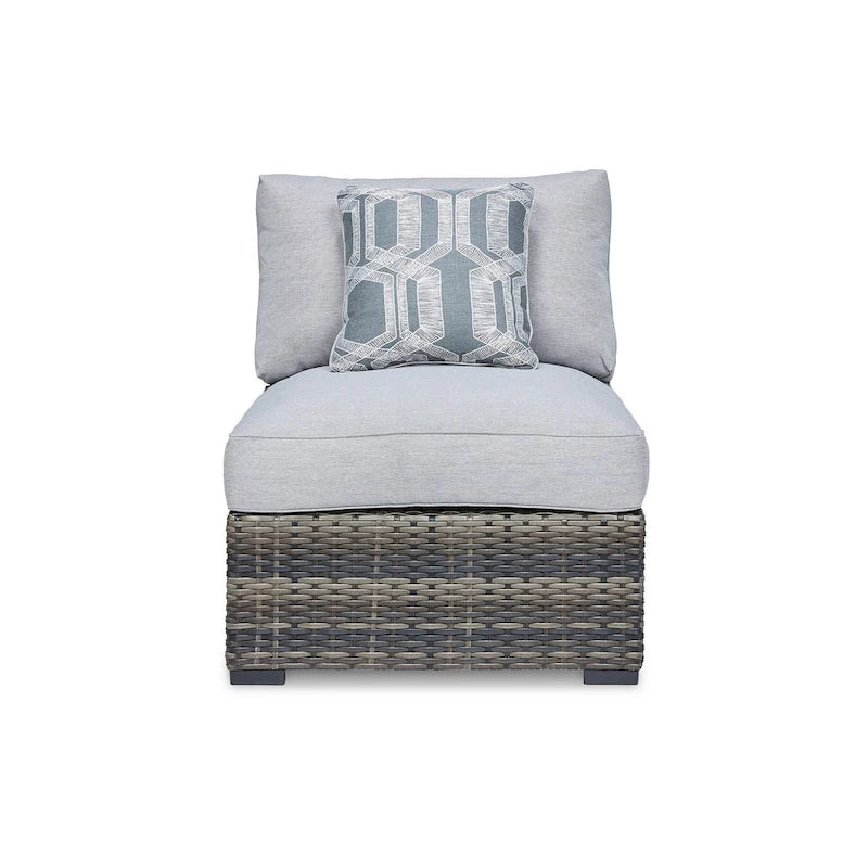 Saki Ensemble de 2 fauteuils d'extérieur sans accoudoirs de 89 cm avec 2 coussins, en osier, gris