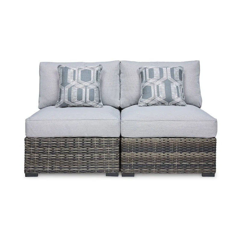 Saki Ensemble de 2 fauteuils d'extérieur sans accoudoirs de 89 cm avec 2 coussins, en osier, gris