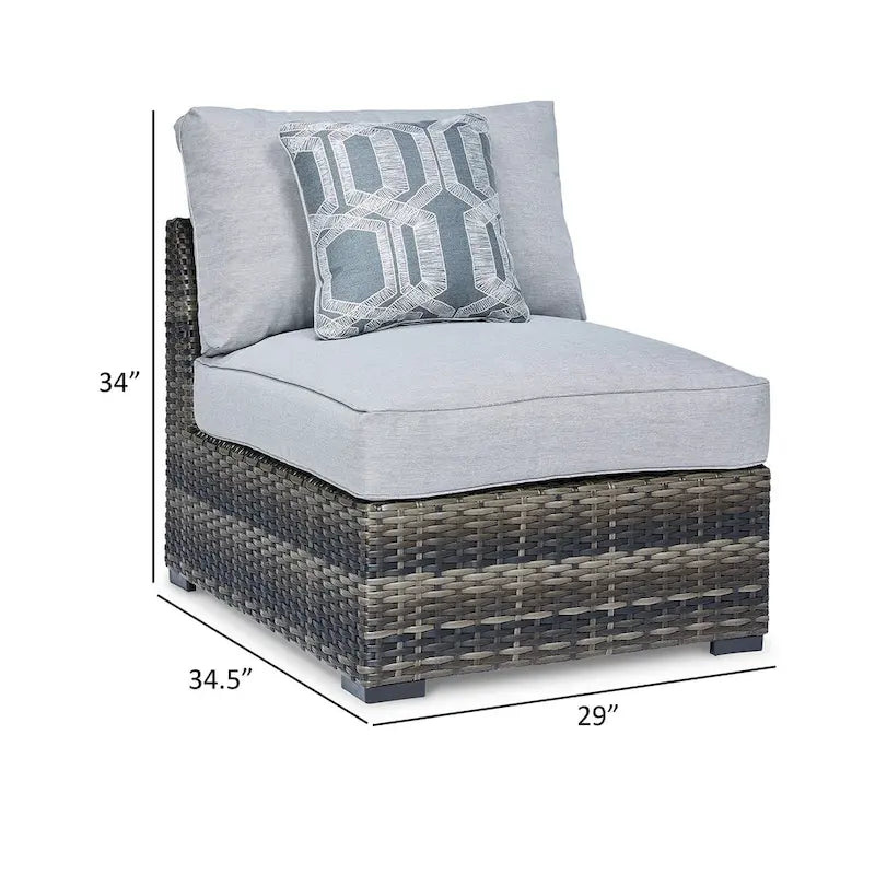 Saki Ensemble de 2 fauteuils d'extérieur sans accoudoirs de 89 cm avec 2 coussins, en osier, gris