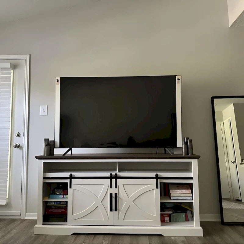 Meuble TV rustique à porte coulissante, blanc, pour téléviseurs de 80 pouces
