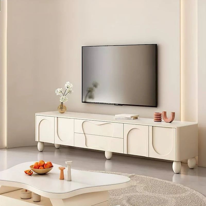 Meuble TV de 198 cm avec rangement, console média de luxe couleur crème, espace de rangement supplémentaire - 198 cm de largeur