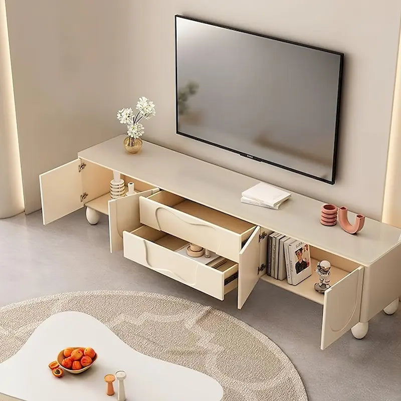 Meuble TV de 198 cm avec rangement, console média de luxe couleur crème, espace de rangement supplémentaire - 198 cm de largeur