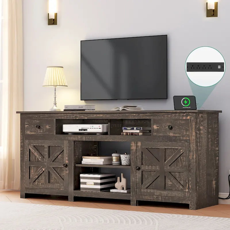 Meuble TV de ferme Moasis 70, meuble de divertissement avec prise de courant pour téléviseurs jusqu'à 80 pouces - 70L x 15,5W x 30H
