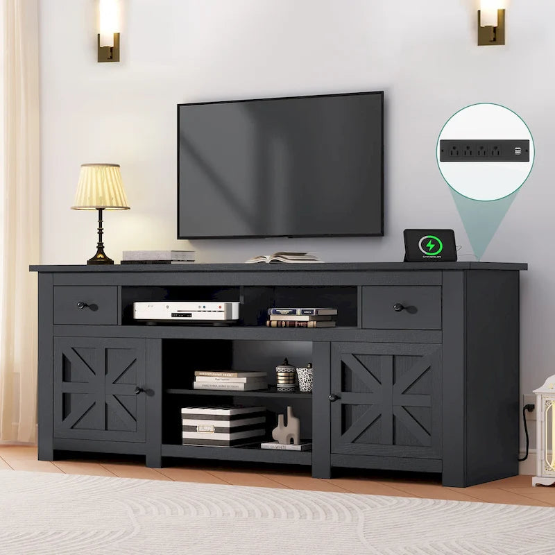 Meuble TV de ferme Moasis 70, meuble de divertissement avec prise de courant pour téléviseurs jusqu'à 80 pouces - 70L x 15,5W x 30H