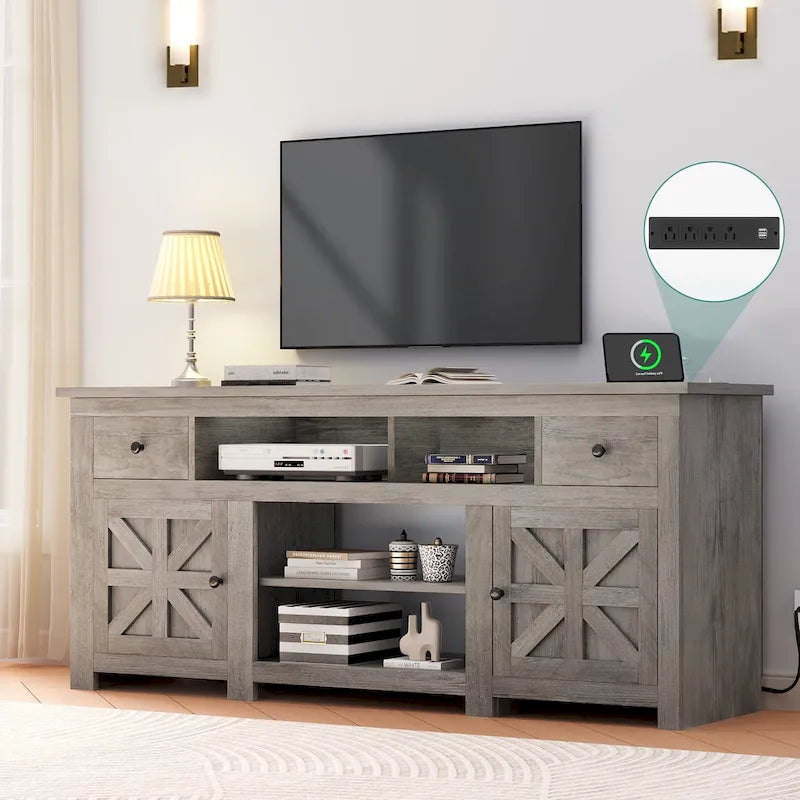 Meuble TV de ferme Moasis 70, meuble de divertissement avec prise de courant pour téléviseurs jusqu'à 80 pouces - 70L x 15,5W x 30H