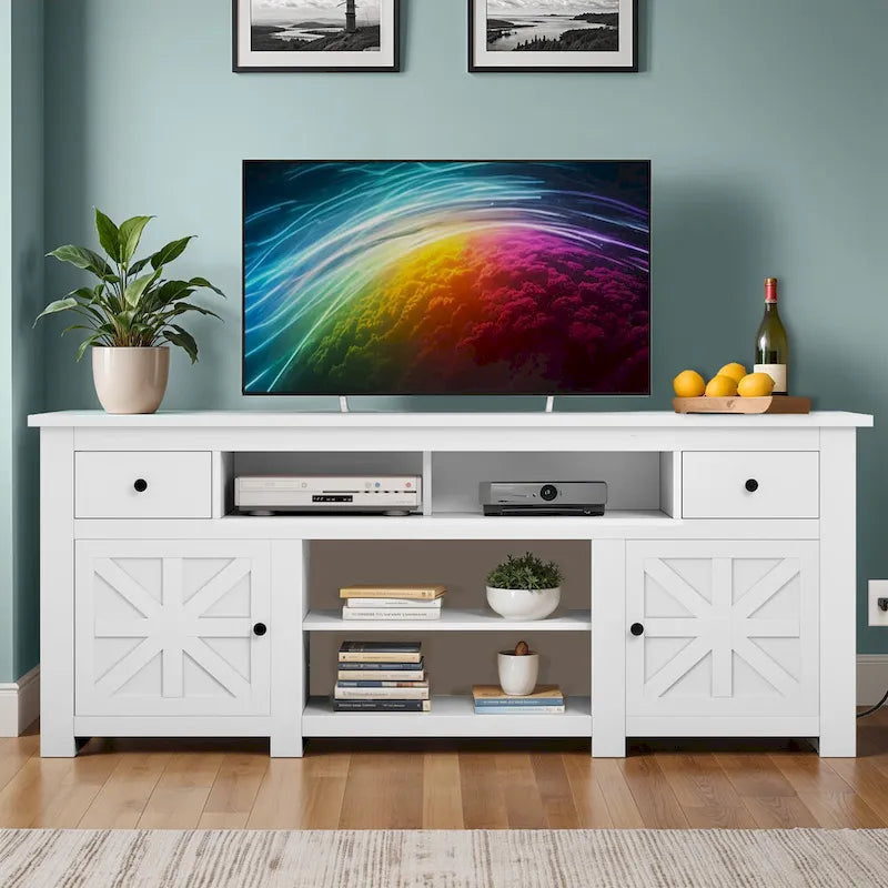 Meuble TV de ferme Moasis 70, meuble de divertissement avec prise de courant pour téléviseurs jusqu'à 80 pouces - 70L x 15,5W x 30H
