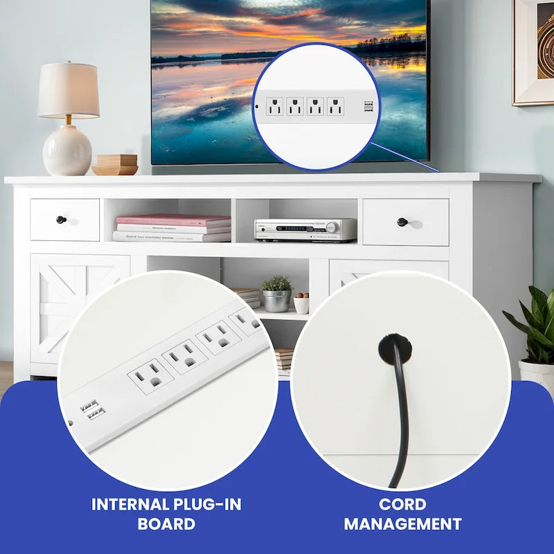 Meuble TV de ferme Moasis 70, meuble de divertissement avec prise de courant pour téléviseurs jusqu'à 80 pouces - 70L x 15,5W x 30H