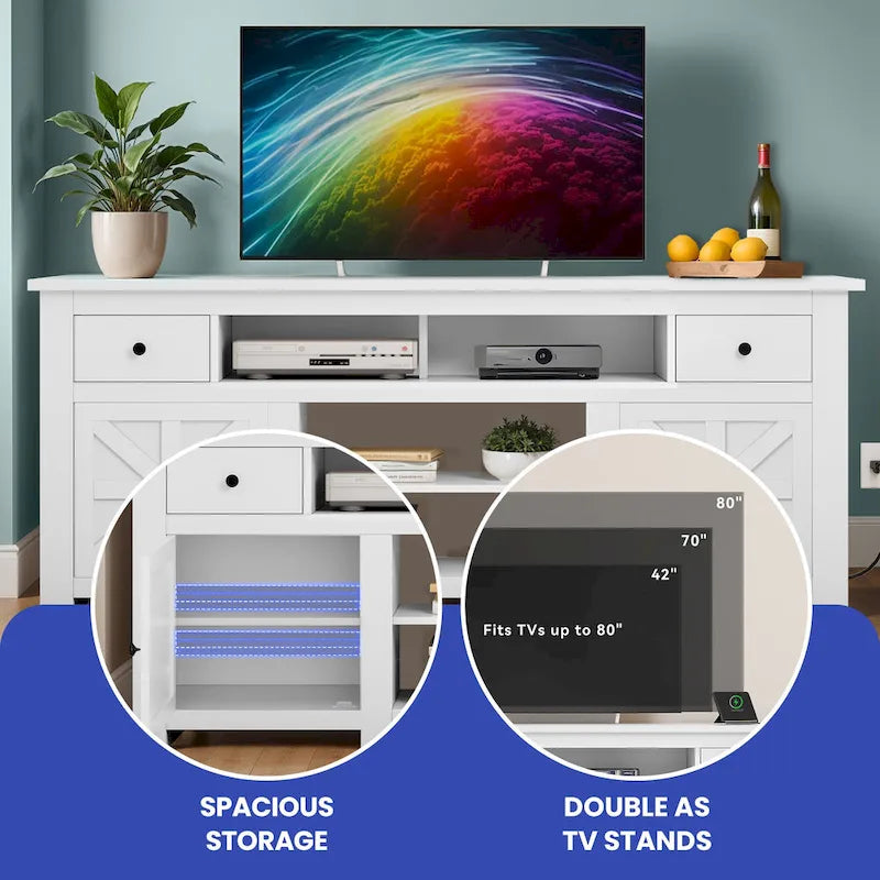 Meuble TV de ferme Moasis 70, meuble de divertissement avec prise de courant pour téléviseurs jusqu'à 80 pouces - 70L x 15,5W x 30H